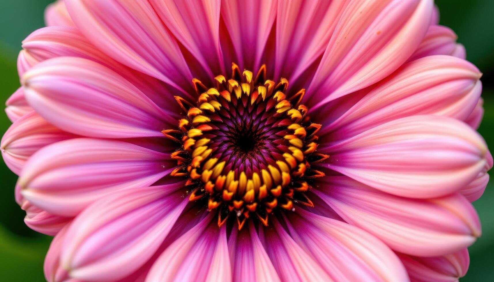 close up view of a vibrant zinnia flower with concentric circles of color and detailed symmetry. photo