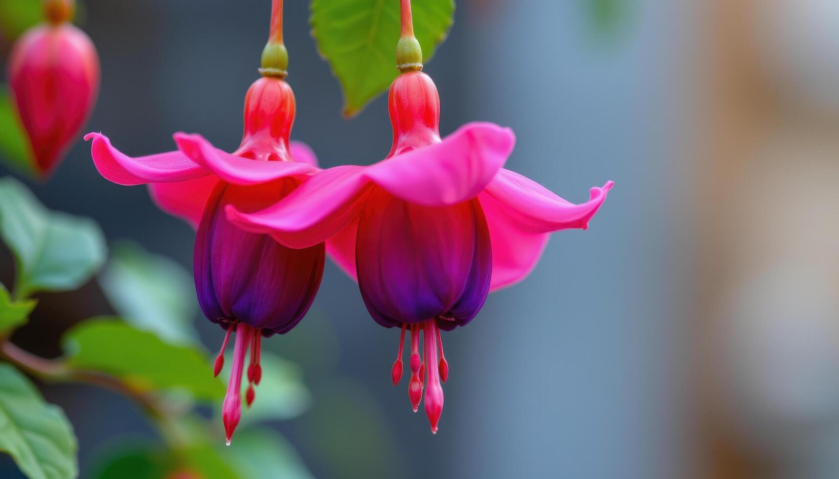 close up view of a hanging fuchsia flower with bell shaped petals in vibrant shades of pink and purple. photo