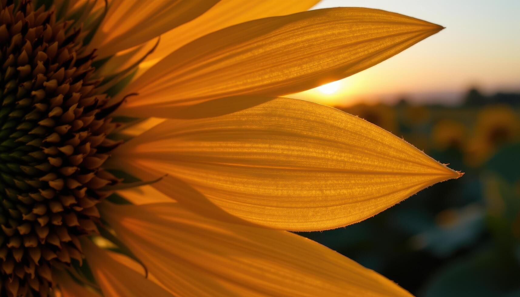 close up view of a sunflower petal backlit by a golden sunset, showing detailed texture and gradient. photo