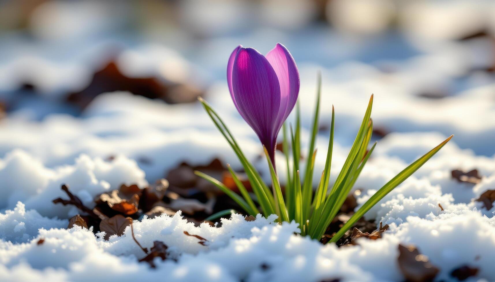 close up view of a violet crocus bud reaching skyward from frost covered ground. photo