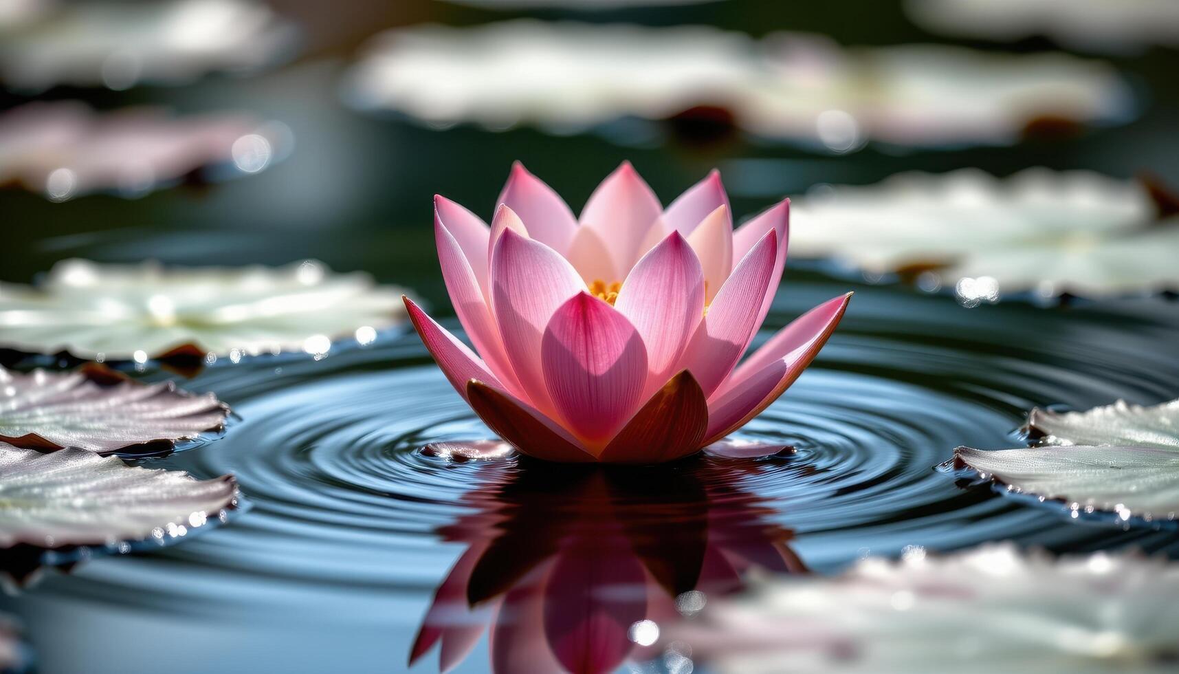 close up view of a lotus bloom rising from a quiet pond, its petals reflecting the water's shimmer. photo