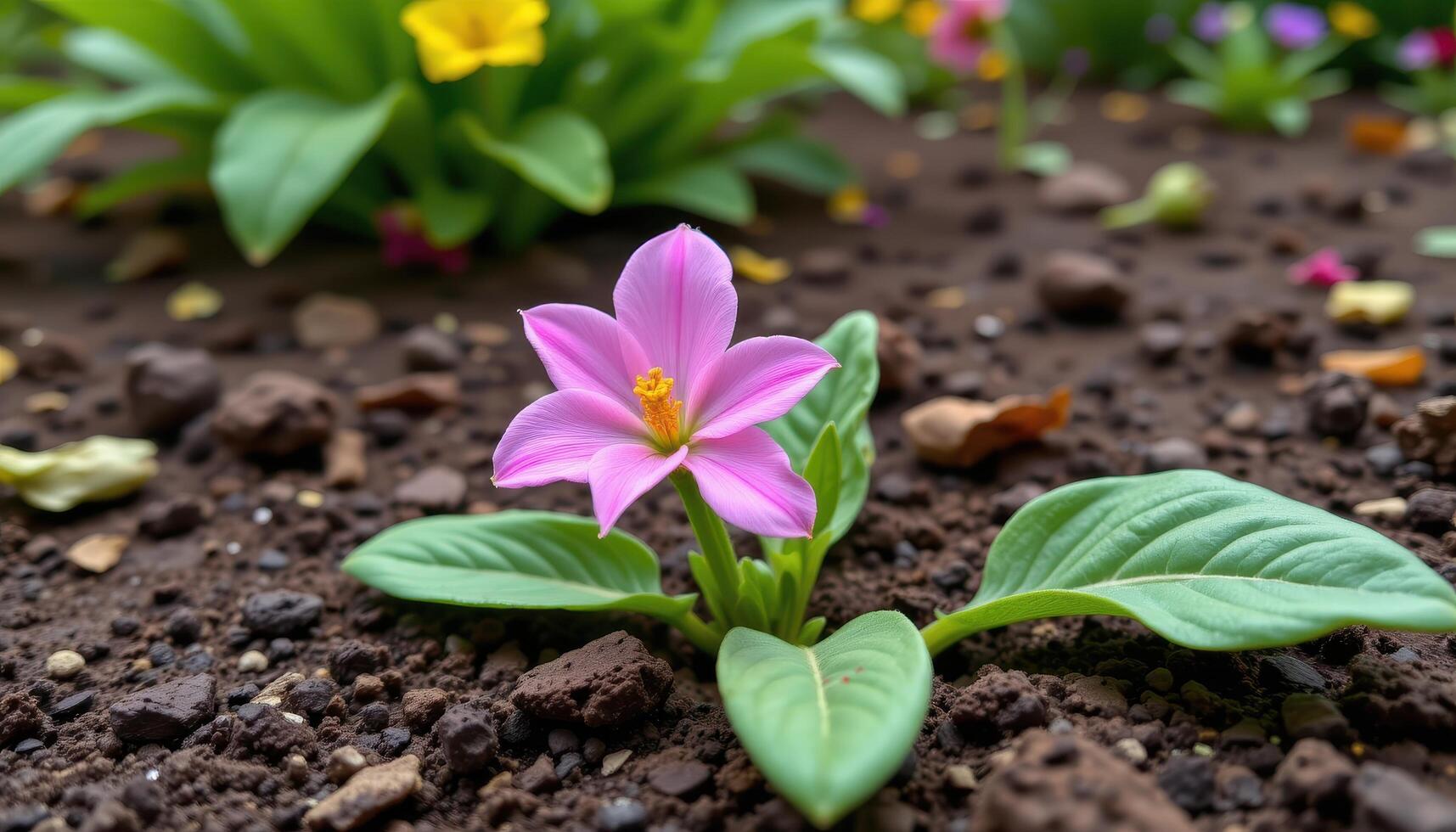 close up view of a garden bloom after rainfall with the soil still damp and richly textured. photo