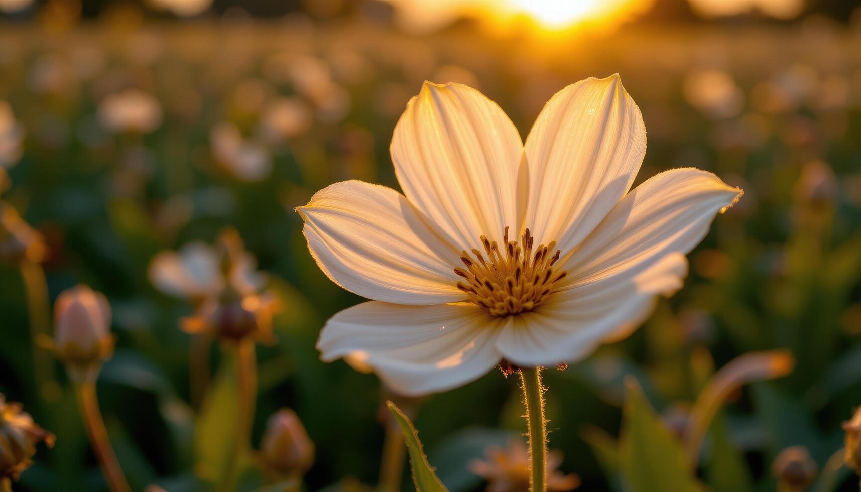 close up view of a field bloom catching the last light of day, its edges rimmed in gold. photo