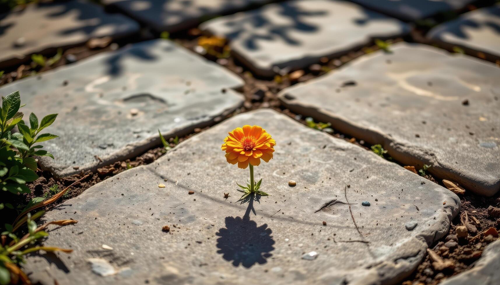 close up view of a solitary marigold bloom casting a sharp shadow across a stone garden path. photo