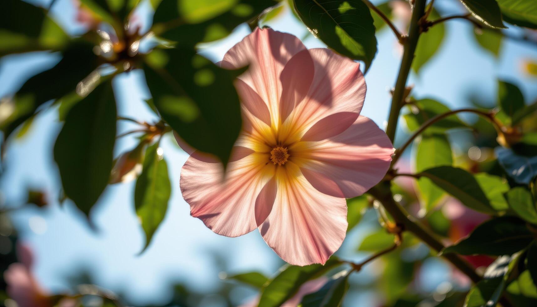 close up view of a sunlit bloom framed by leafy shadows creating a natural vignette. photo