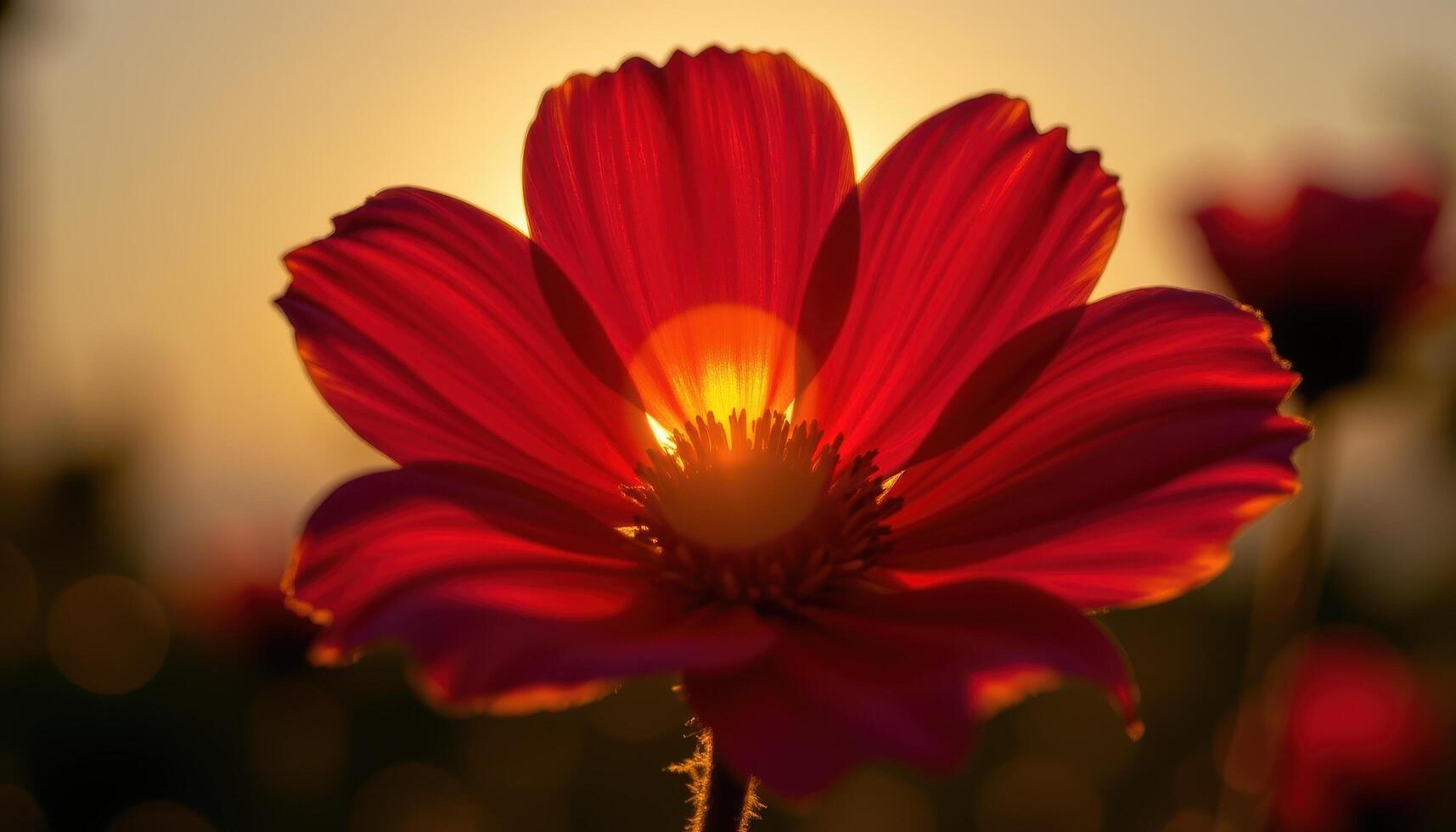 close up view of a flower in silhouette with sunlight flaring from behind the petal. photo