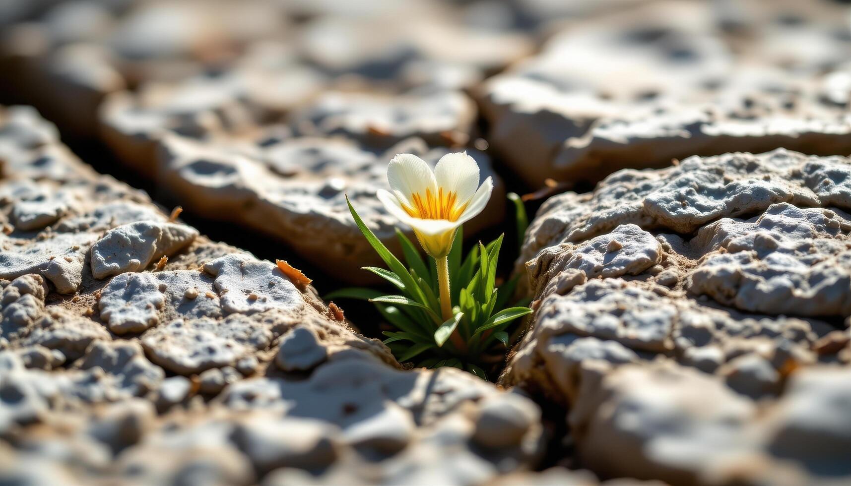 close up view of a small alpine flower emerging from between cracks in sun warmed mountain rock. photo