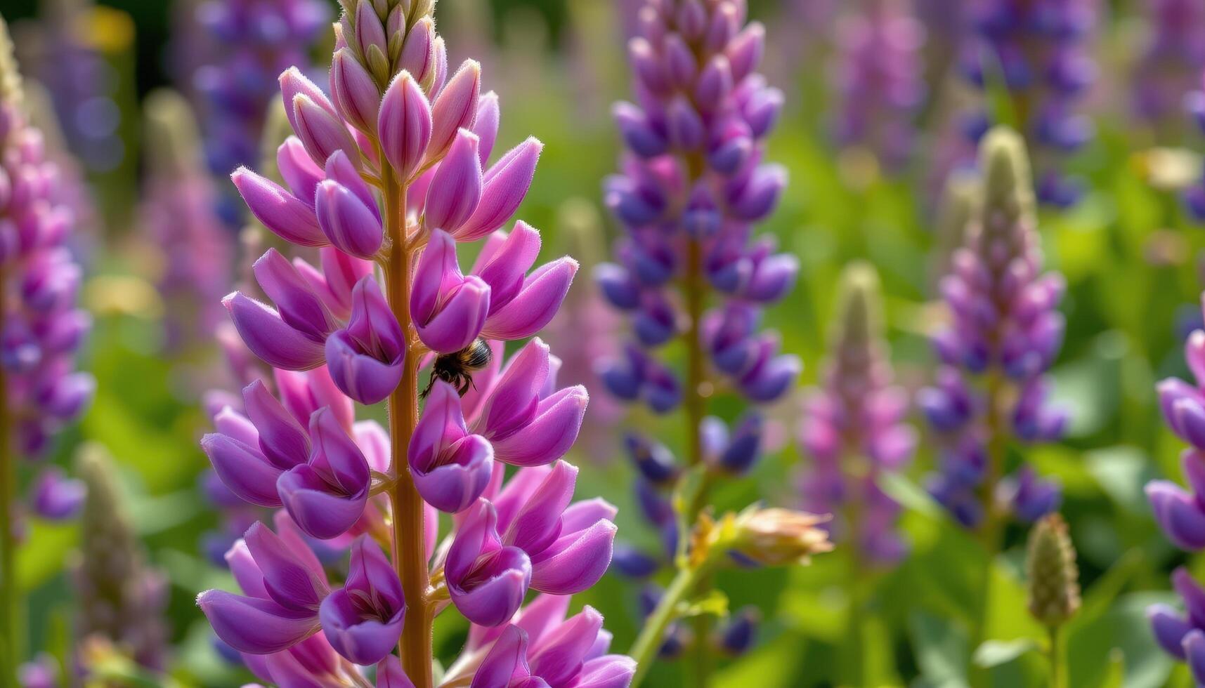 close up view of a lupine flower rising in full bloom with bees absent, leaving only wind and color. photo