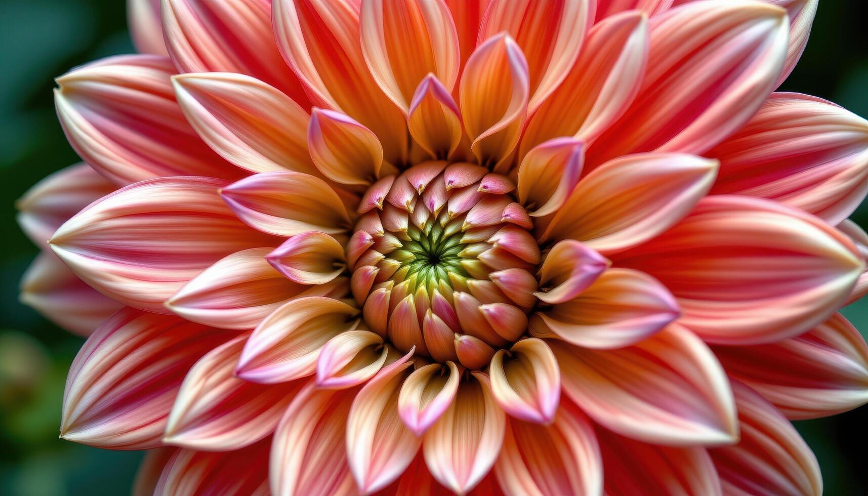 close up view of a dahlia bursting outward from its center with tightly packed petal rings. photo