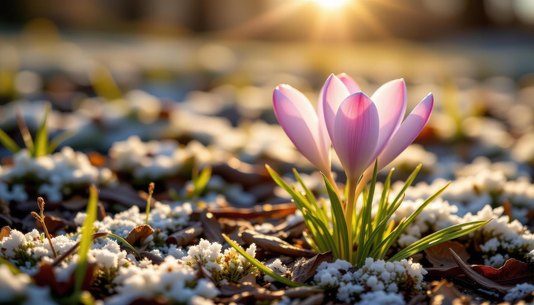 close up view of a crocus blossom glowing in golden sunlight with faint frost still on the ground. photo