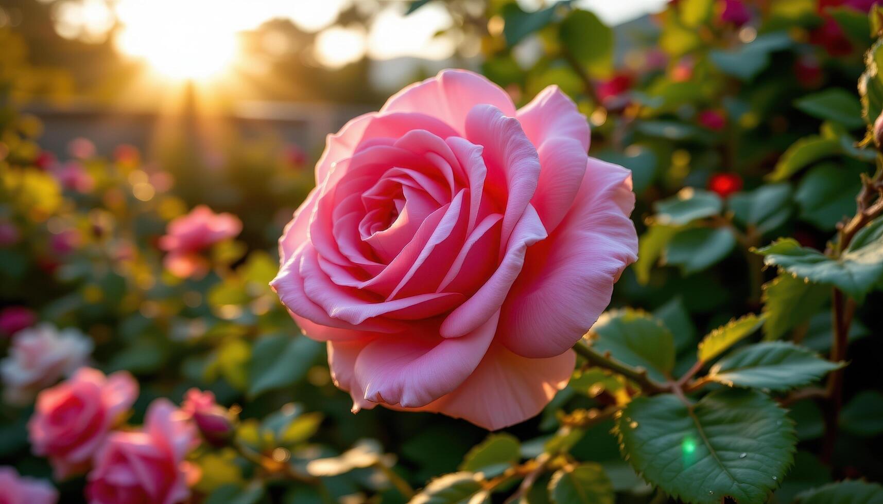 close up view of a blooming rose partially hidden by ivy, catching one sliver of golden sun. photo