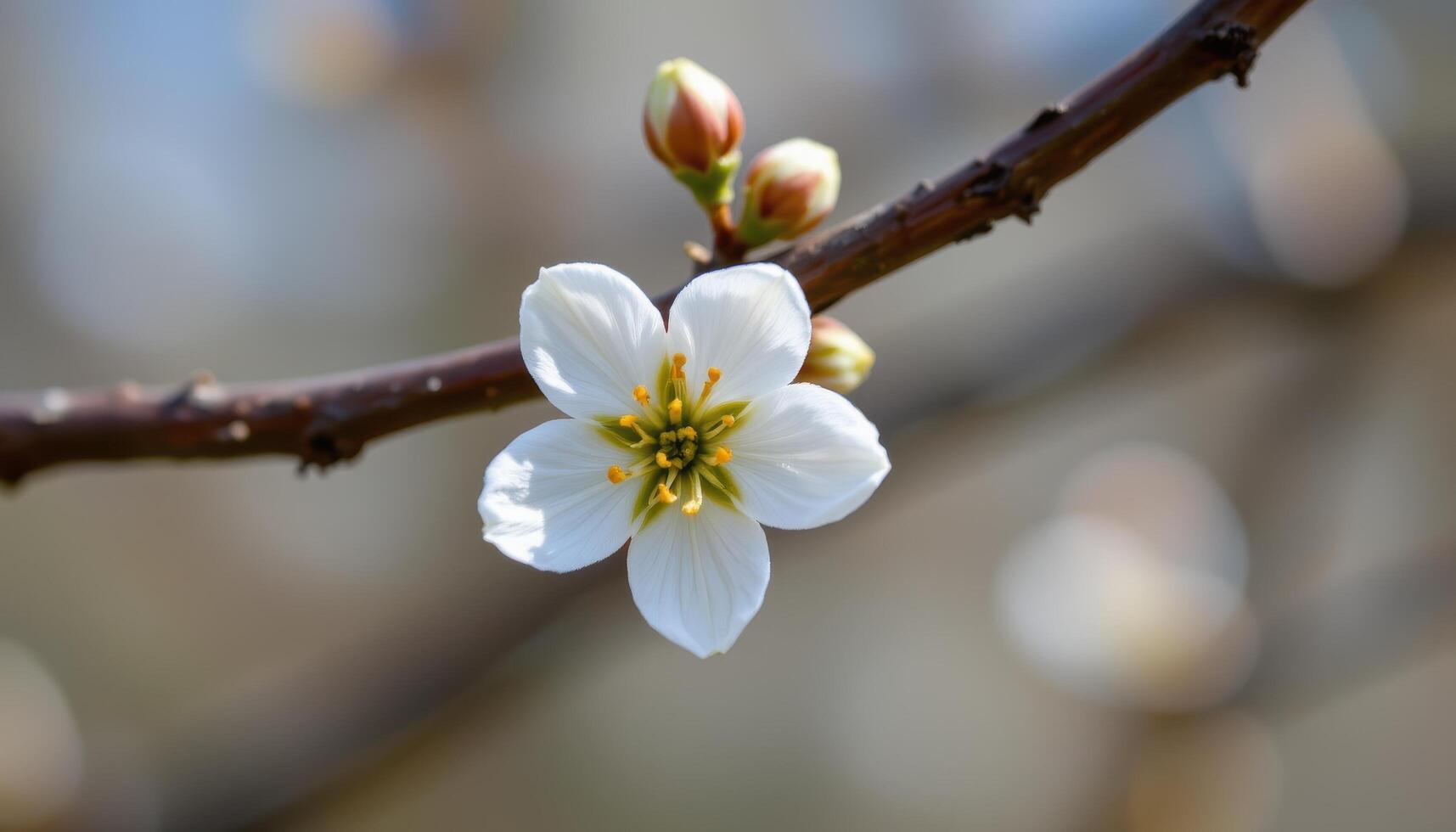 close up view of a single white blossom clinging to a branch, surrounded by tiny unopened buds. photo
