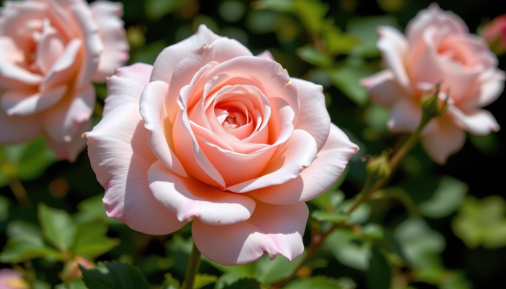 close up view of a soft rose blossom framed by shadows of nearby petals in full bloom. photo