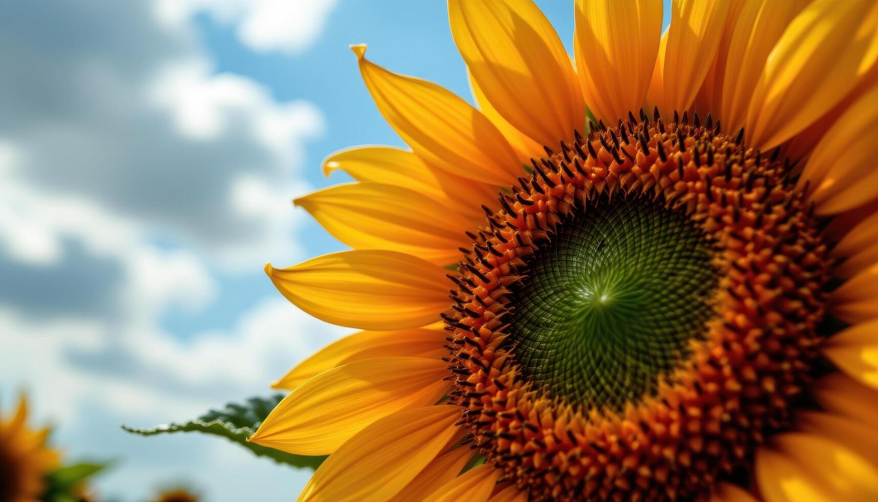 close up view of a golden sunflower with its textured center radiating intricate patterns under cloud dappled skies. photo