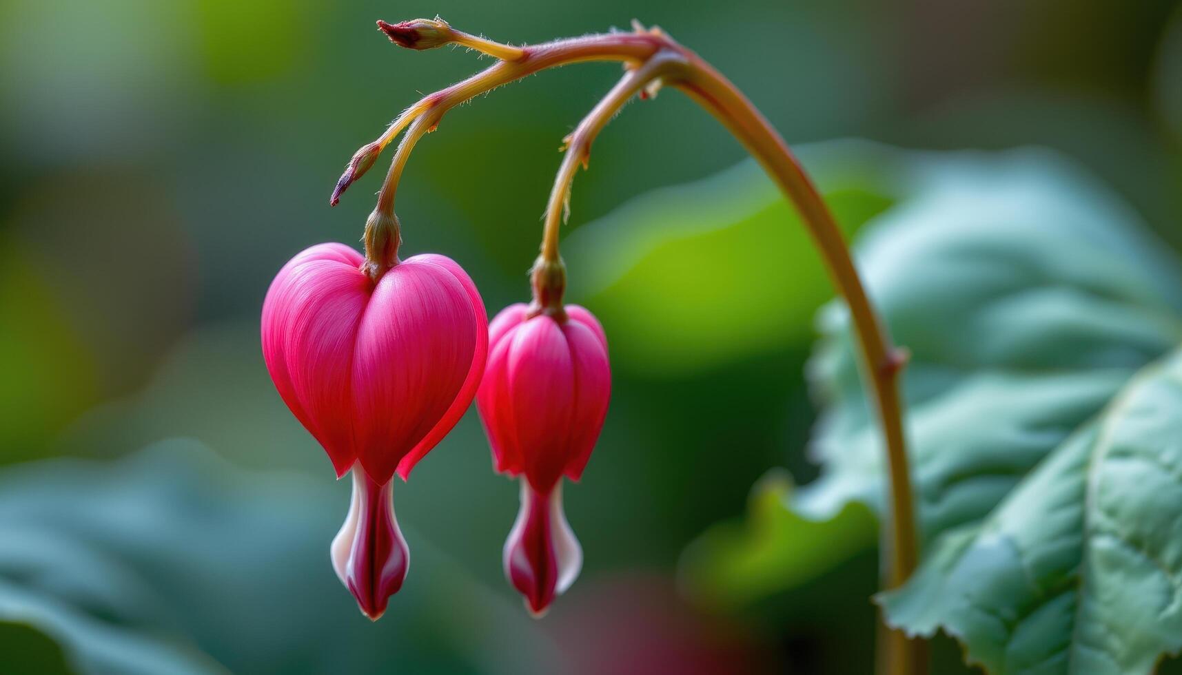 close up view of a bleeding heart flower dangling gracefully from its arched stem like drops of red velvet. photo