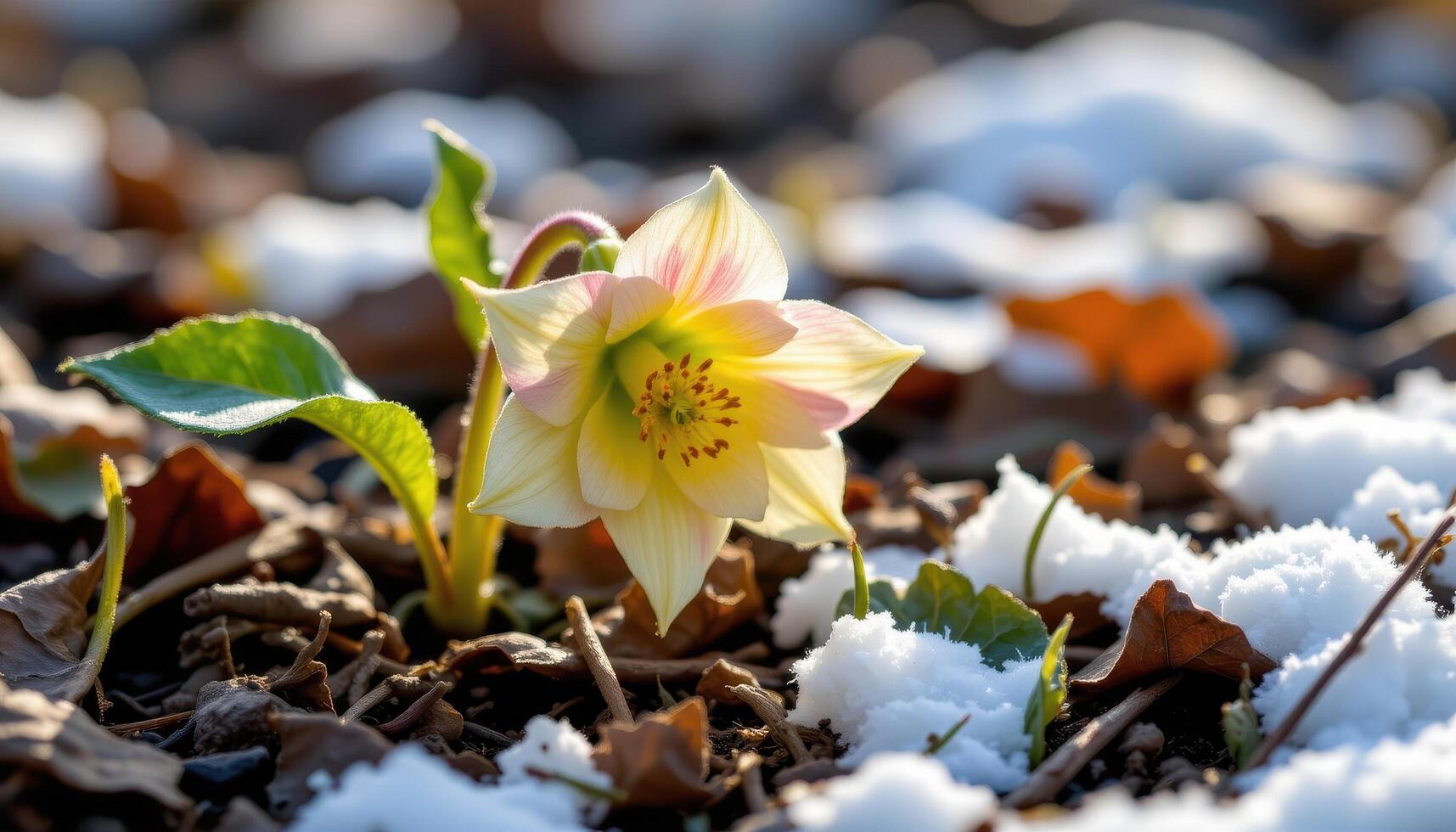 close up view of a delicate hellebore flower blooming unexpectedly in cold late winter ground. photo