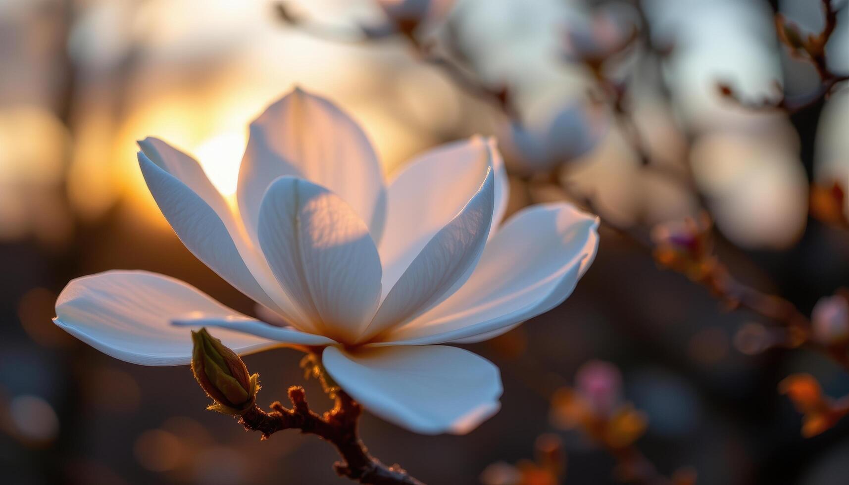 close up view of a white magnolia flower unfolding elegantly on a branch bathed in silver twilight. photo