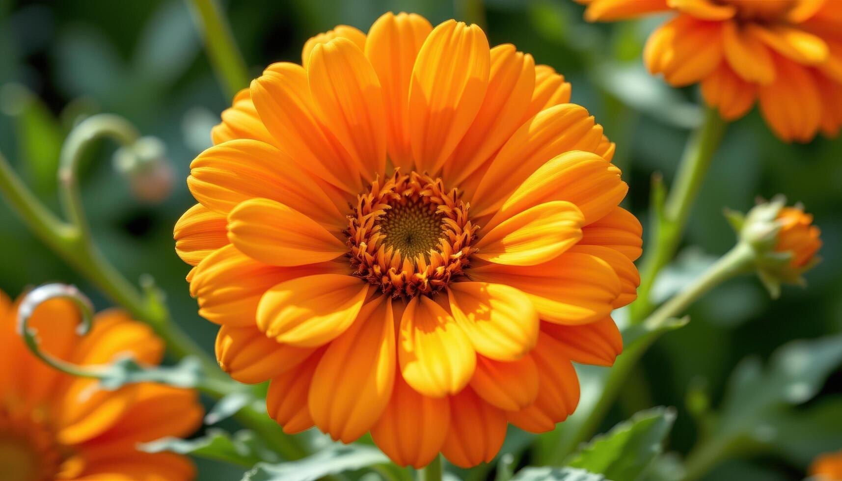 close up view of a vibrant calendula bloom glowing with warm hues and ringed by curling leaves. photo