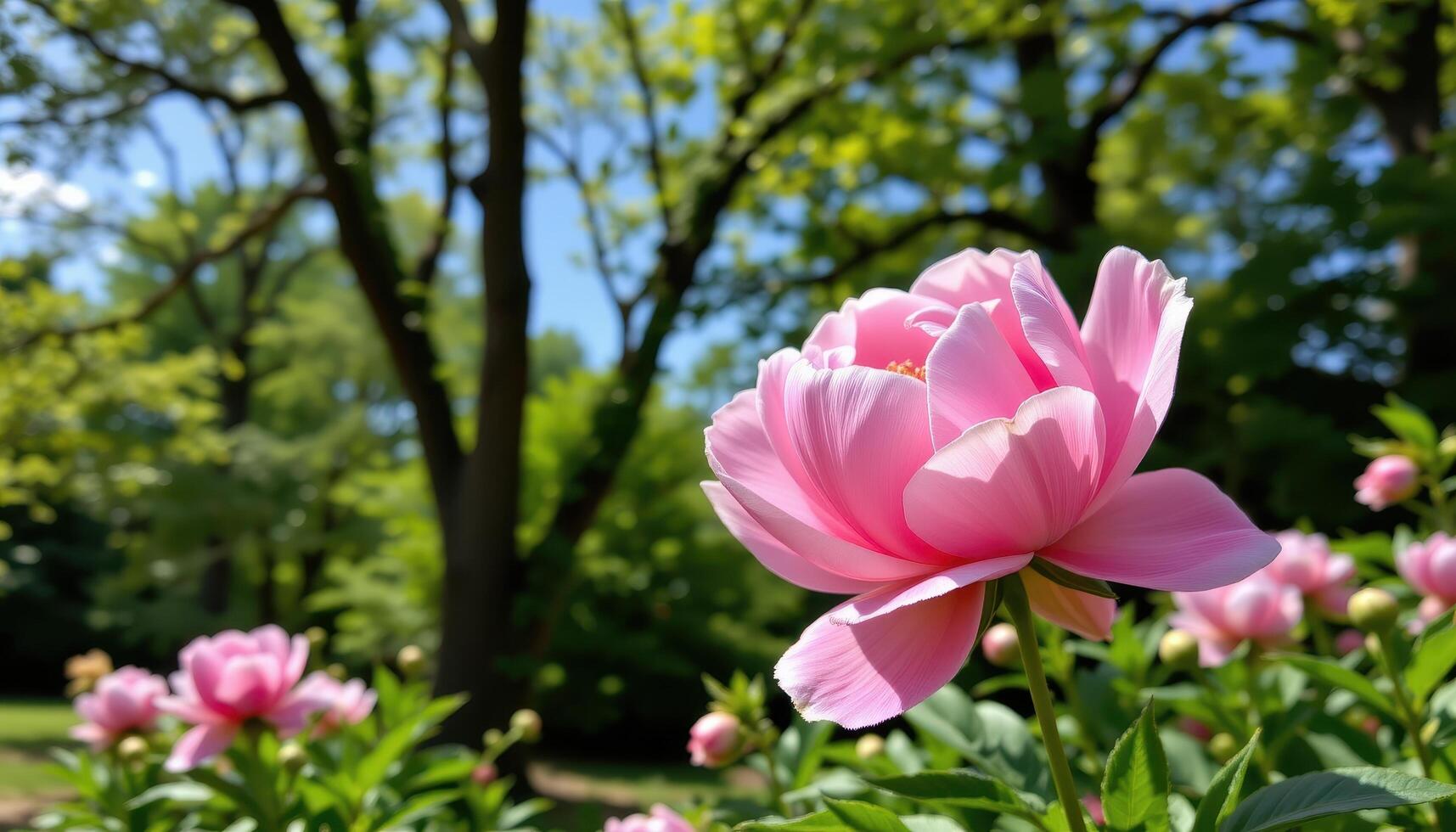 close up view of a peony opening slowly beneath the shade of tall summer trees. photo