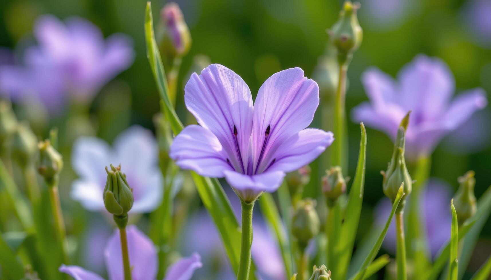 close up view of a soft purple wildflower surrounded by fresh green shoots. photo
