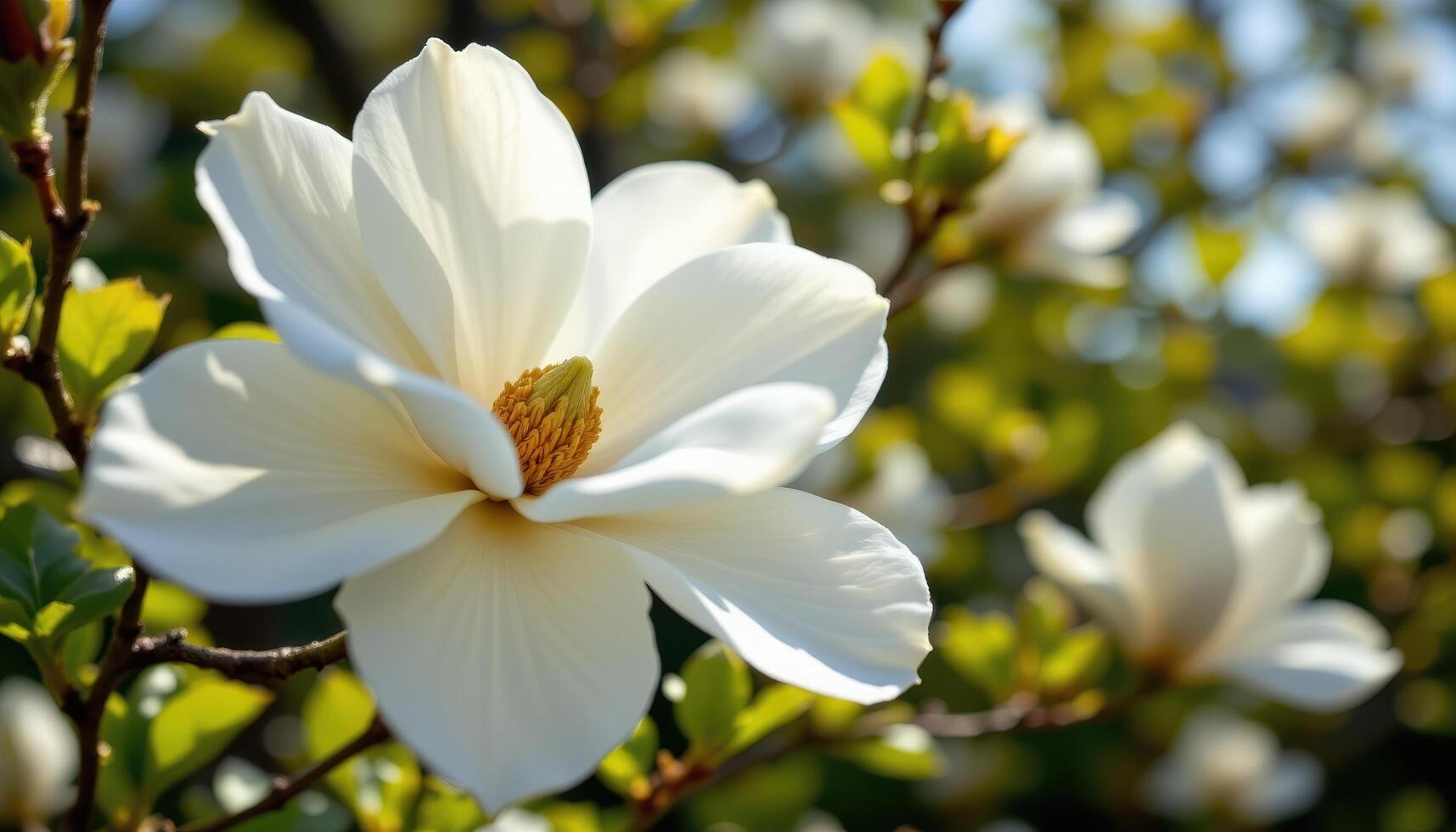 close up view of a pristine white magnolia blossom glowing softly in dappled afternoon light. photo