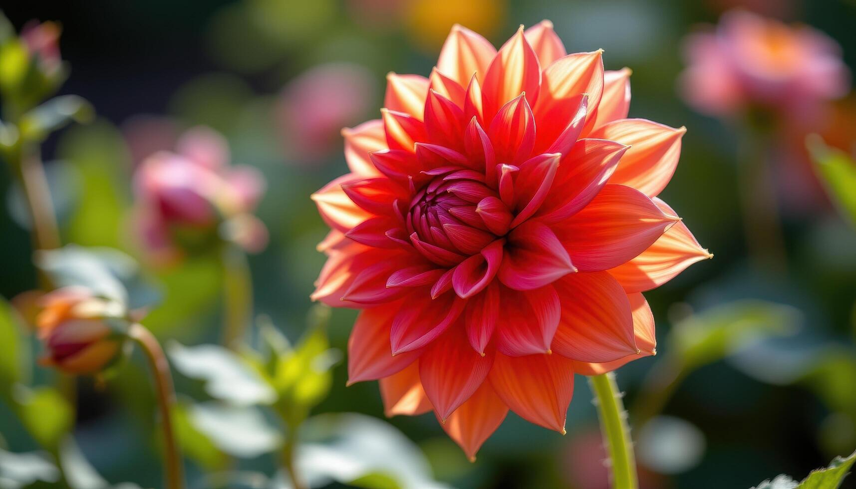 close up view of a red orange dahlia with intricately layered petals glowing warmly in soft sunlight. photo