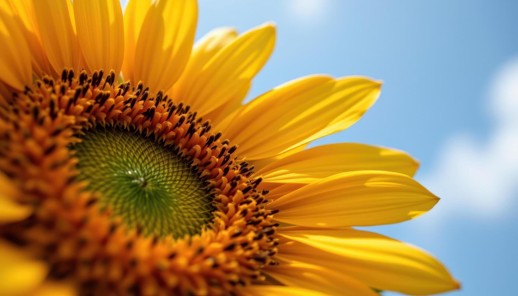 close up view of a bright yellow sunflower with petals radiating in perfect symmetry. photo