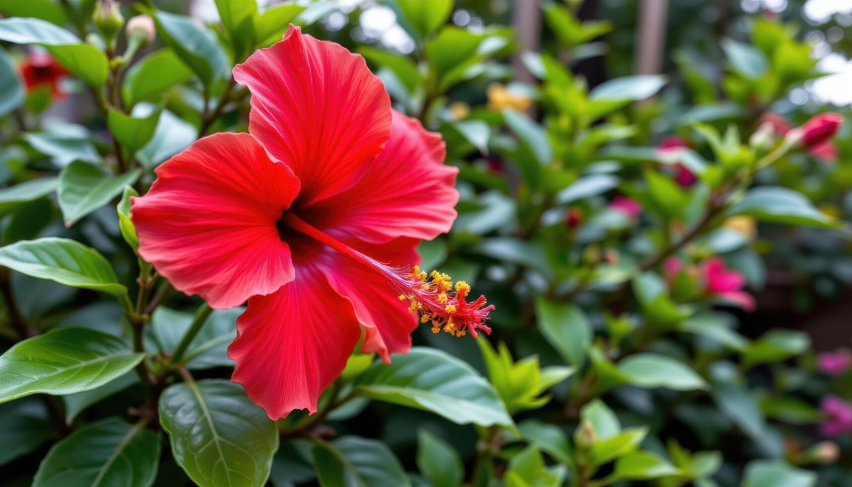 close up view of a bold red hibiscus flower in vivid bloom against lush tropical foliage. photo