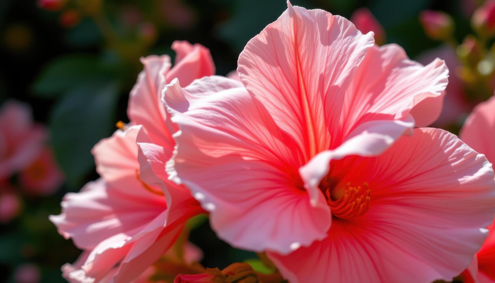 close up view of a coral pink azalea flower with ruffled petals and soft light accents. photo