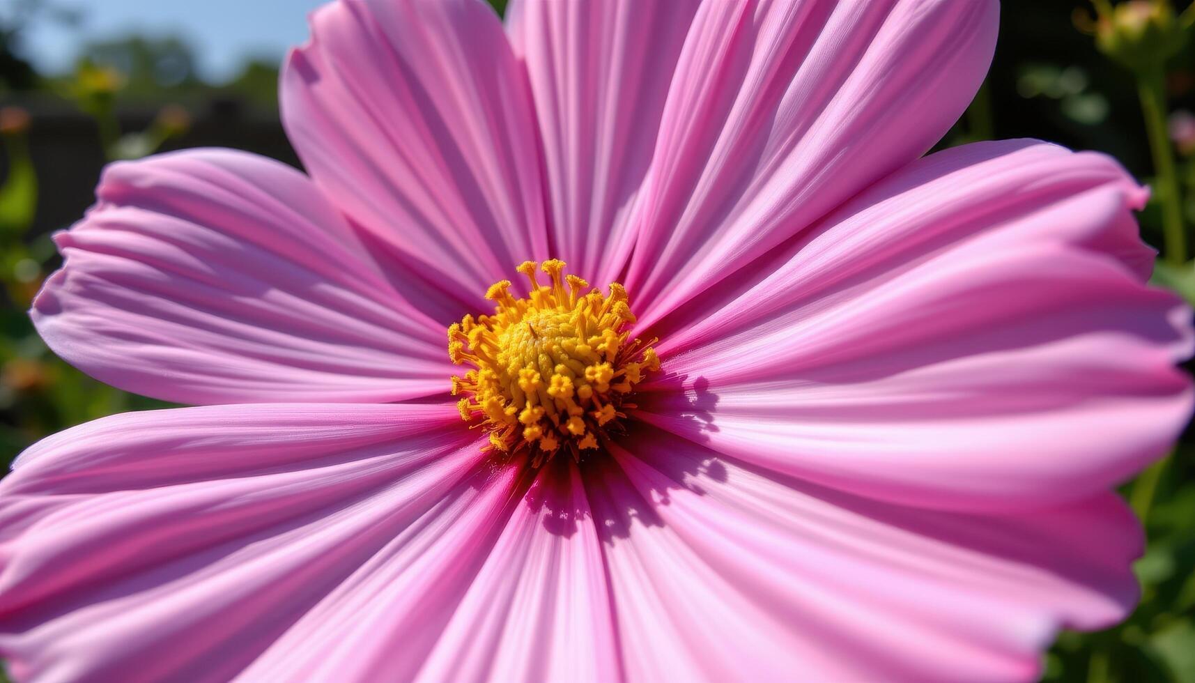 close up view of a pink cosmos flower showing its detailed petal textures and a sunny natural backdrop. photo