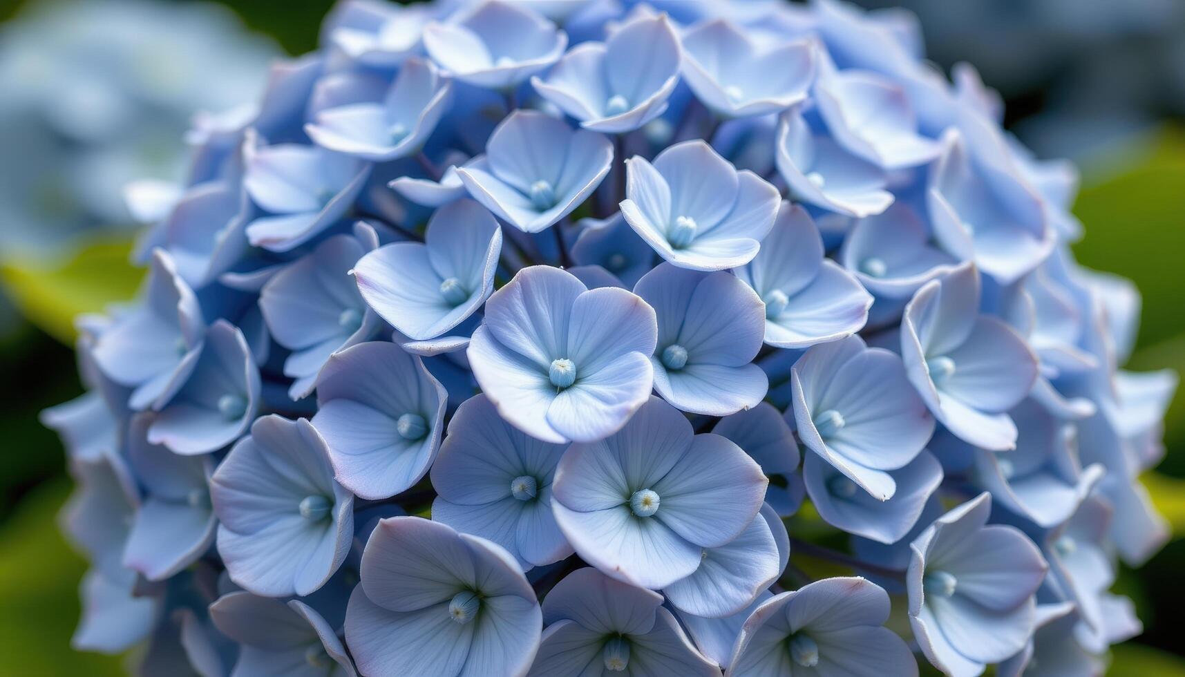 close up view of a soft blue hydrangea bloom with clustered small flowers forming a dome shape. photo
