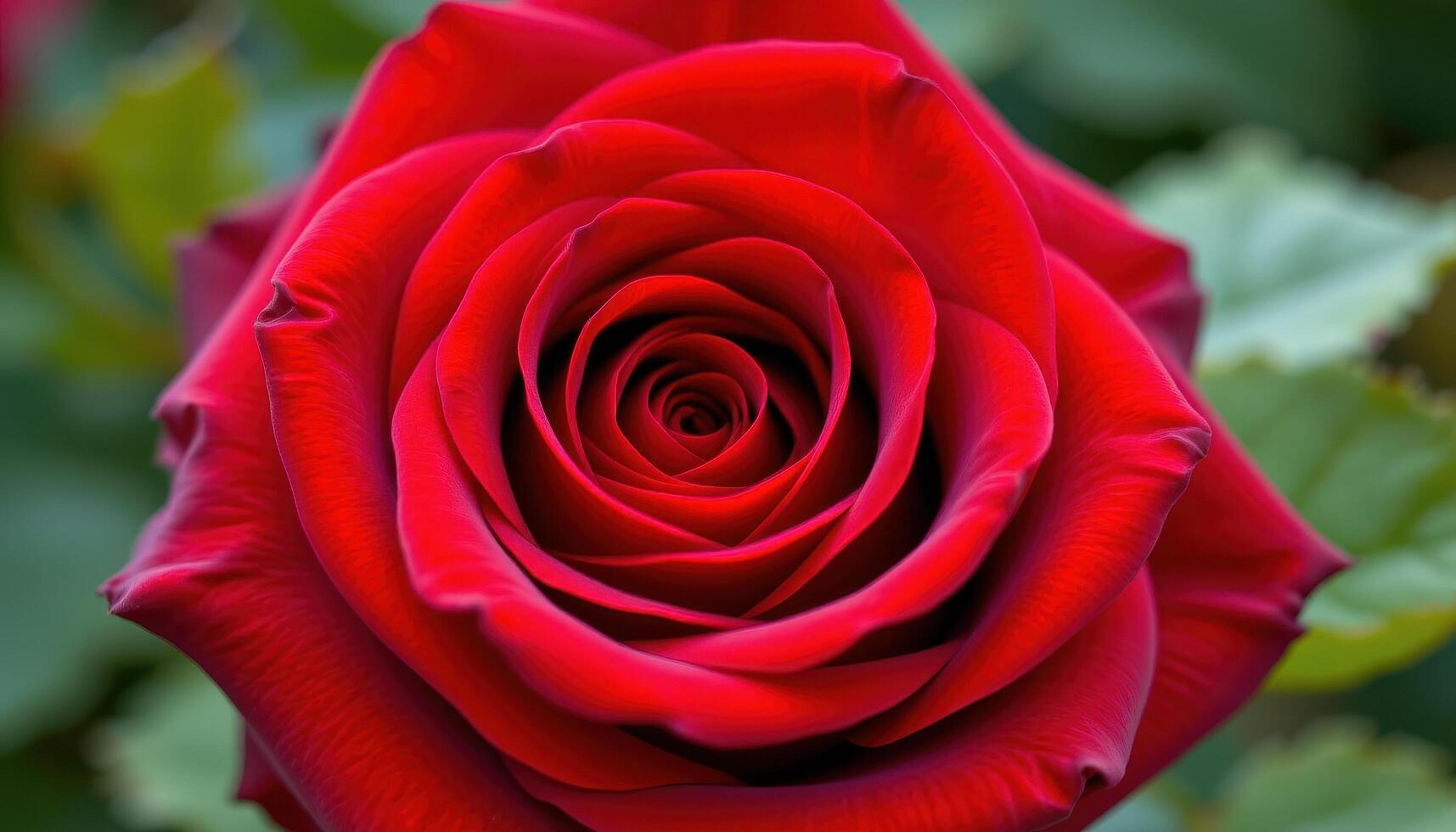close up view of a velvety red rose with petals spiraling intricately around the flower's center. photo