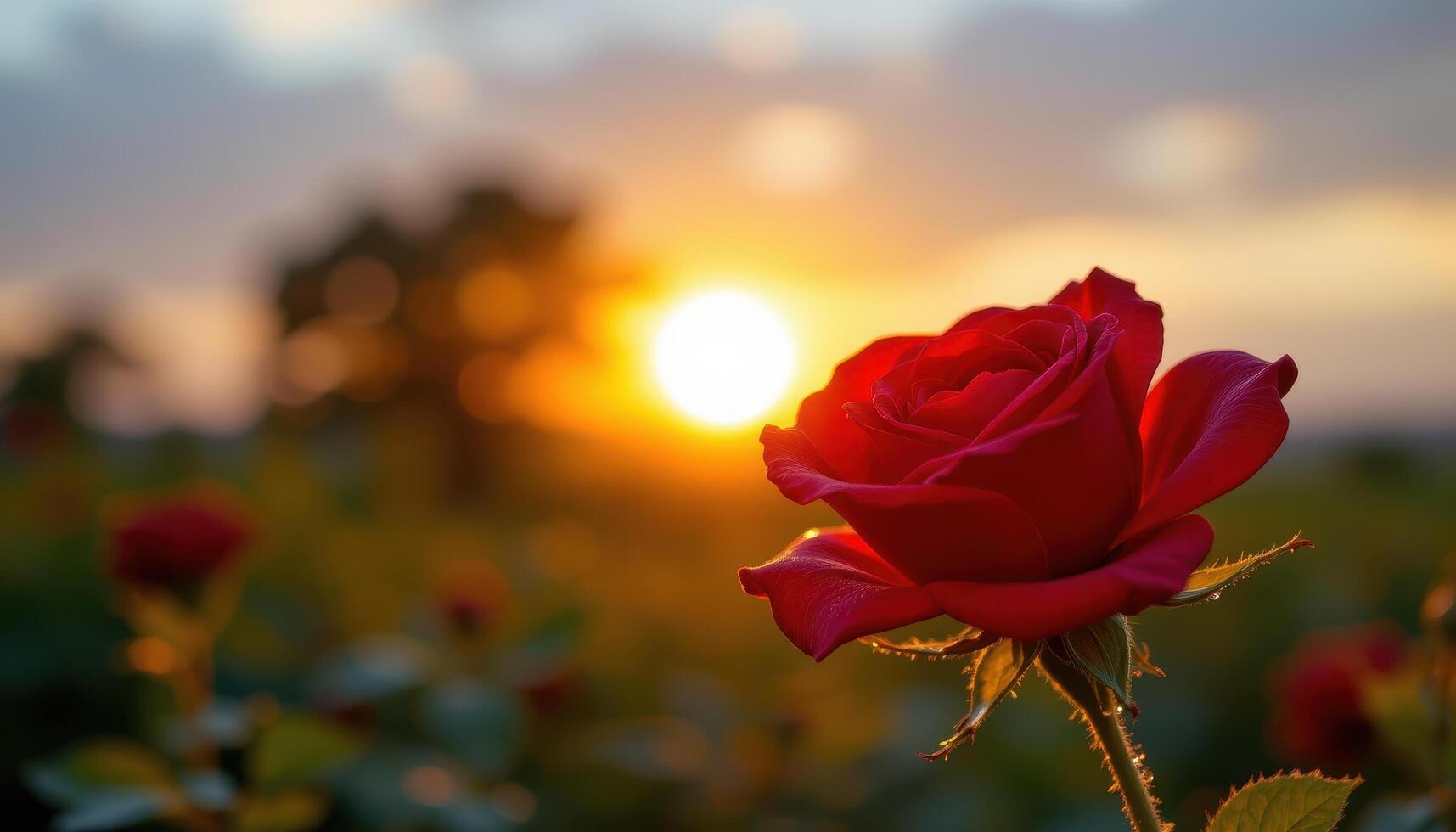 close up view of a velvety red rose with water droplets catching the glow of a soft sunrise. photo