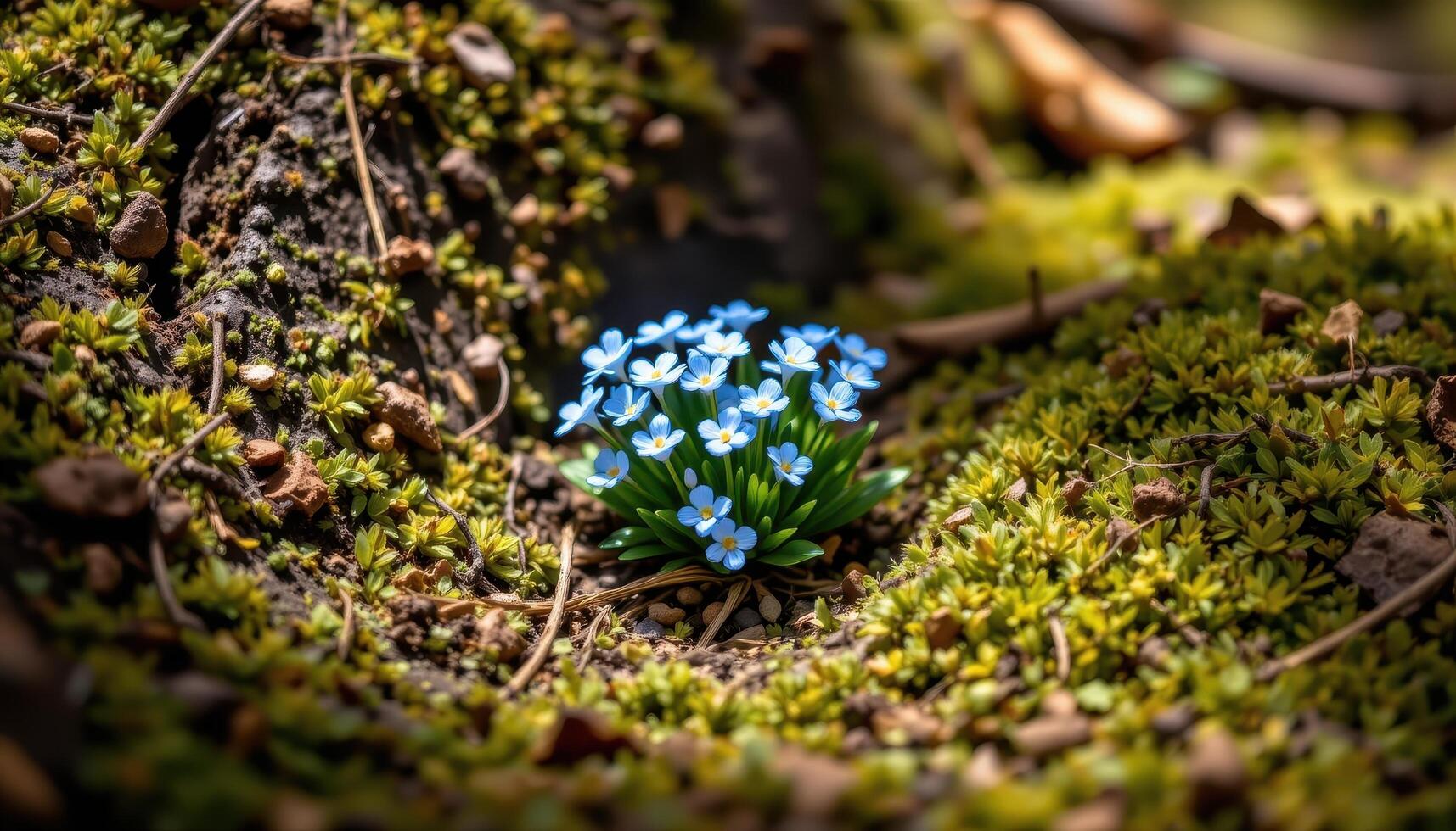 close up view of a cluster of tiny blue forget me nots nestled against mossy ground in shade. photo