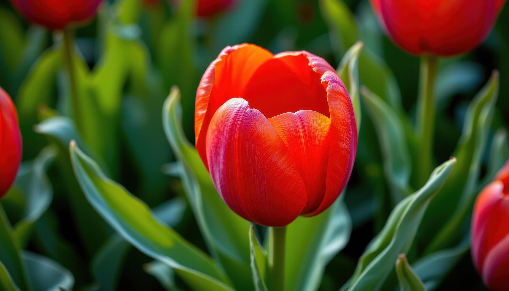 close up view of a bold red tulip surrounded by fresh green leaves in early morning dew. photo