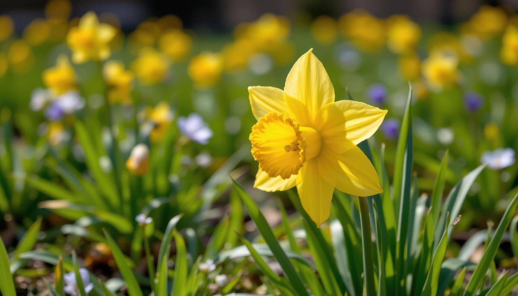 close up view of a bright yellow daffodil standing proudly in a sun drenched spring meadow. photo