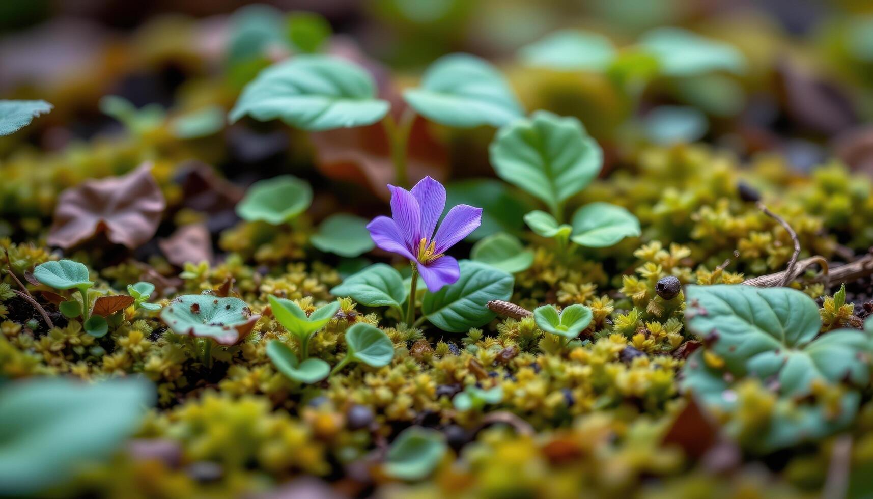 close up view of a tiny wild violet flower peeking out from lush green leaves and moss. photo