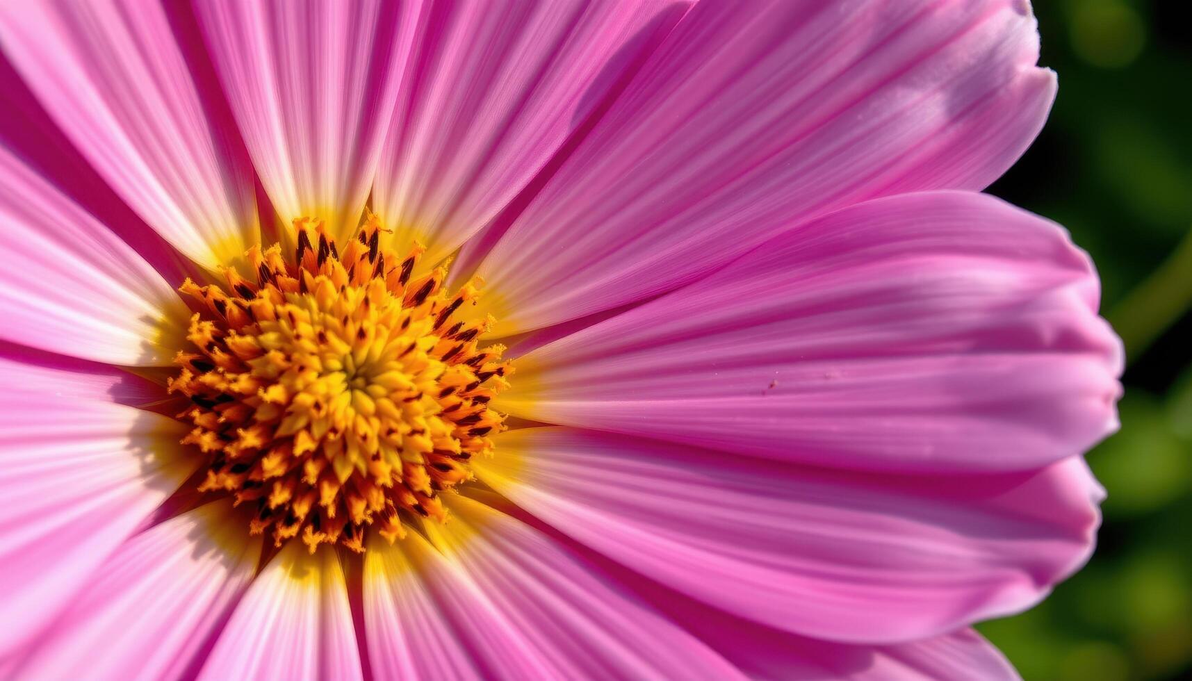 close up view of a soft pink cosmos flower with fine veins visible in each petal. photo