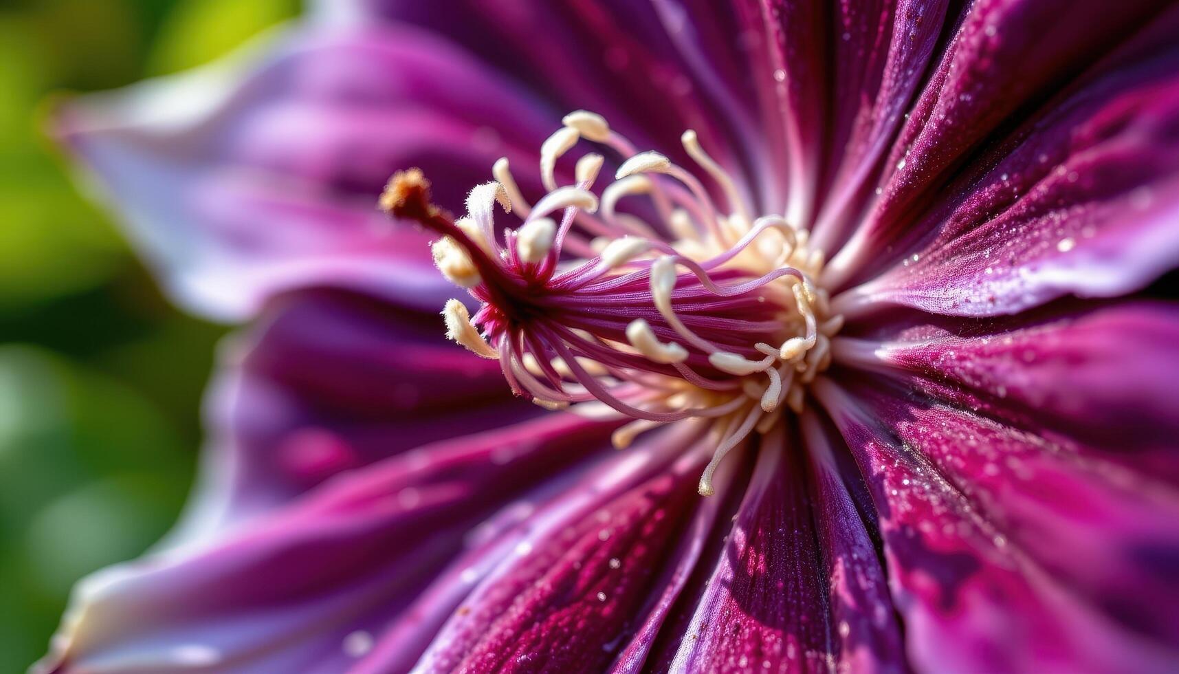 close up view of a rich purple clematis flower with detailed stamens and velvety petals. photo