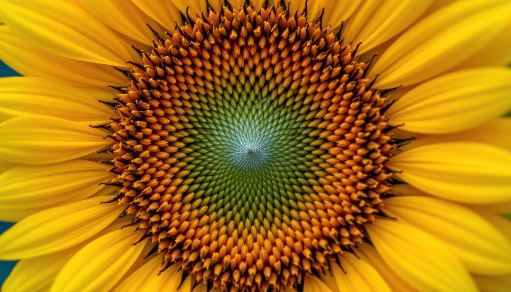 close up view of a vibrant yellow sunflower with textured center seeds and glowing petals. photo