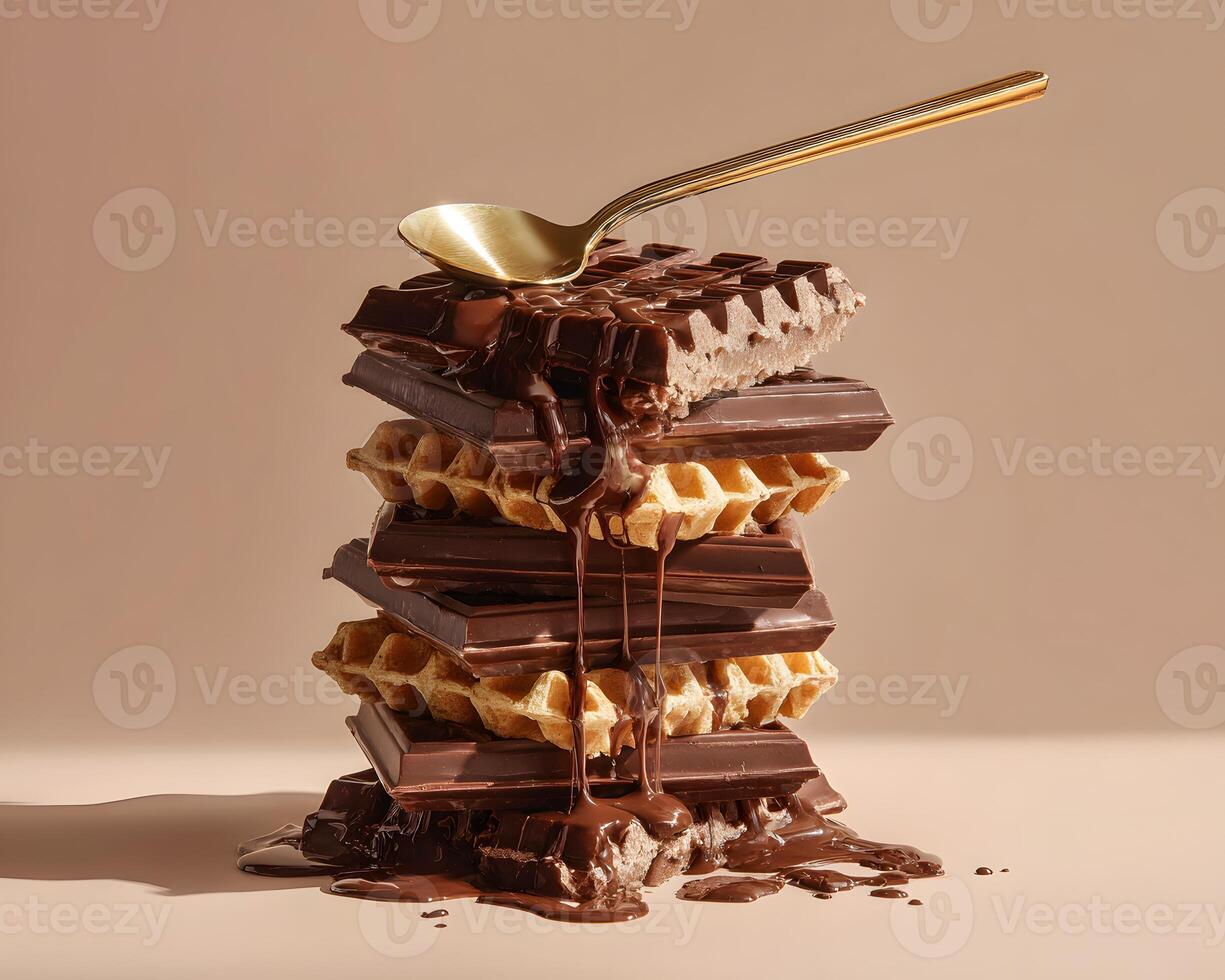 Chocolate Waffle Bliss in Pastel Minimal Style, Chocolate Waffle Bliss with Gold Spoon Composition, Chocolate Waffle Bliss with Negative Space Design photo