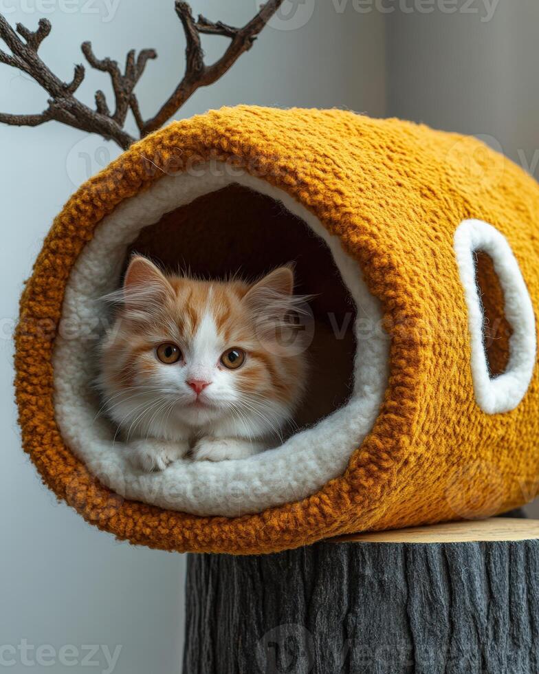 A cat is sitting inside of a cat house photo