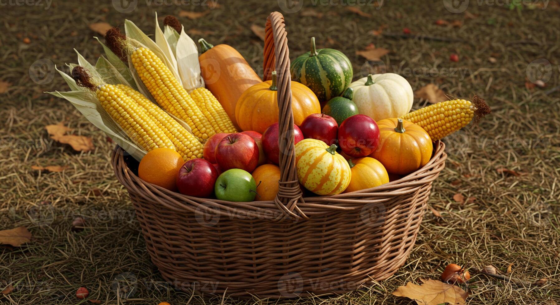 Abundant Harvest Basket Corn, Pumpkins, Apples, Oranges, Autumnal Bounty. photo
