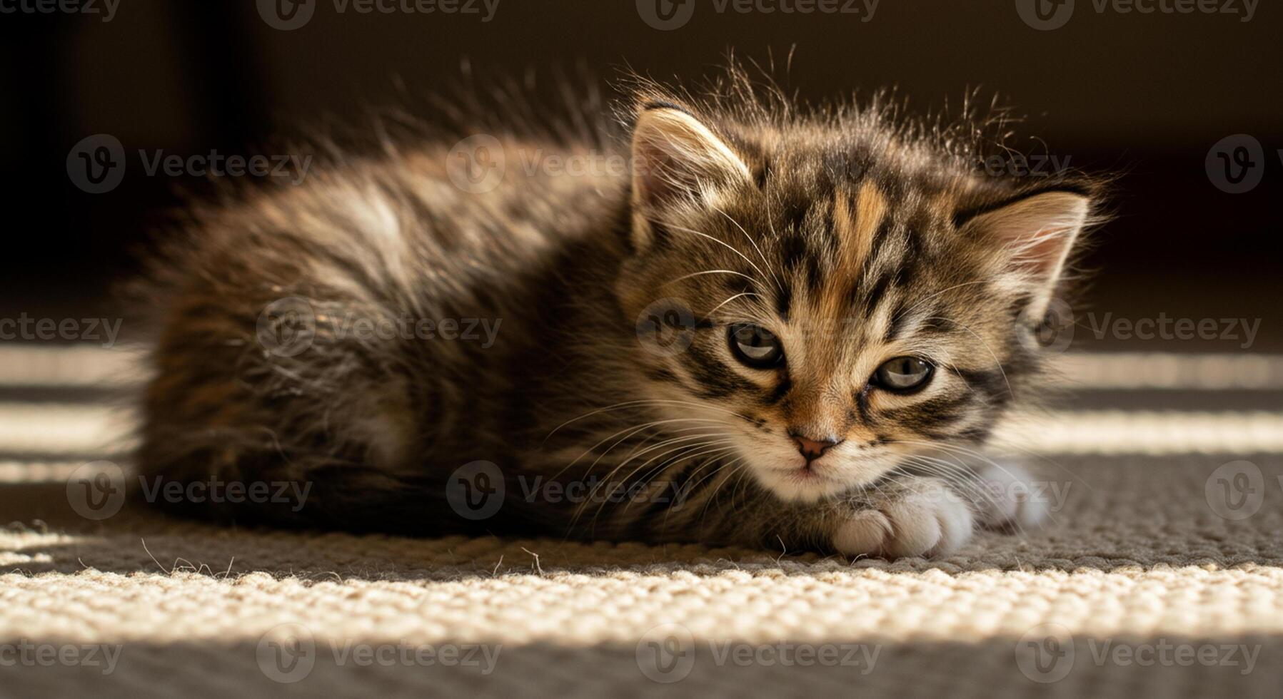 Adorable Kitten Resting on Carpet, Soft Lighting, Warm Tones, Close-Up Portrait. photo