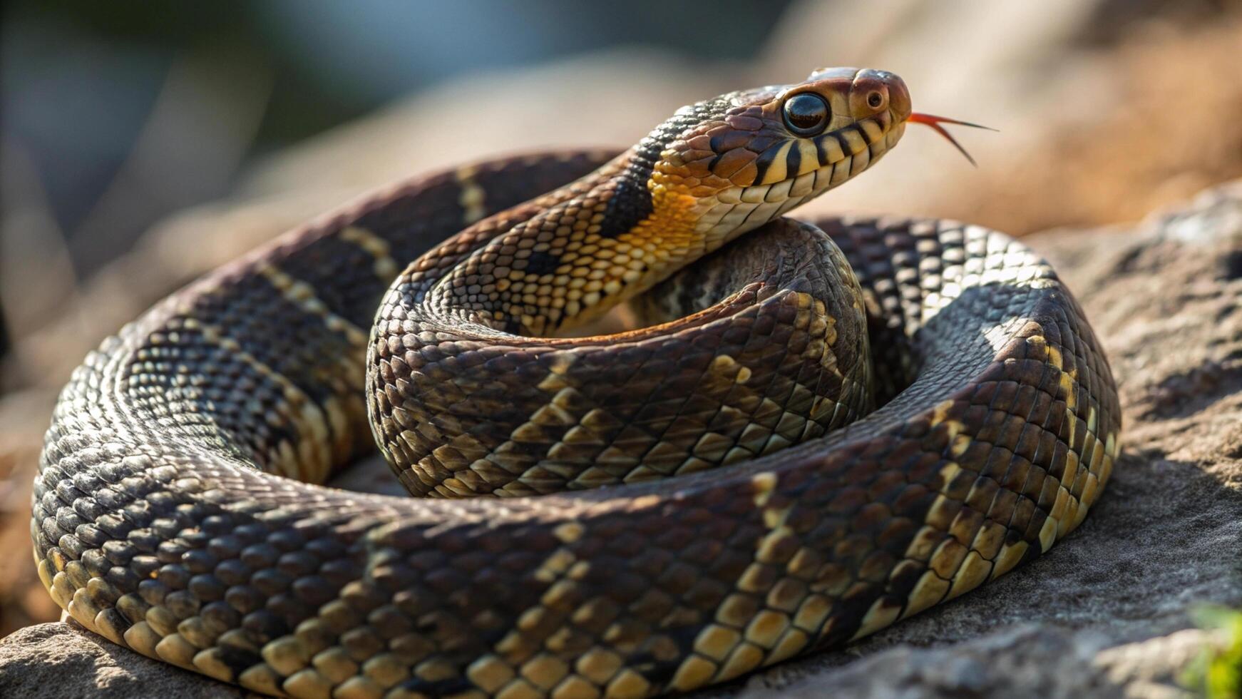 A snake with a long tail sitting on a rock photo