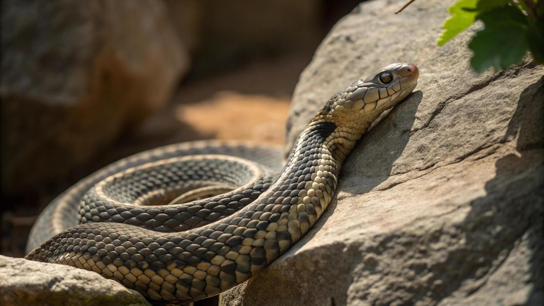 A snake is sitting on a rock in the sun photo