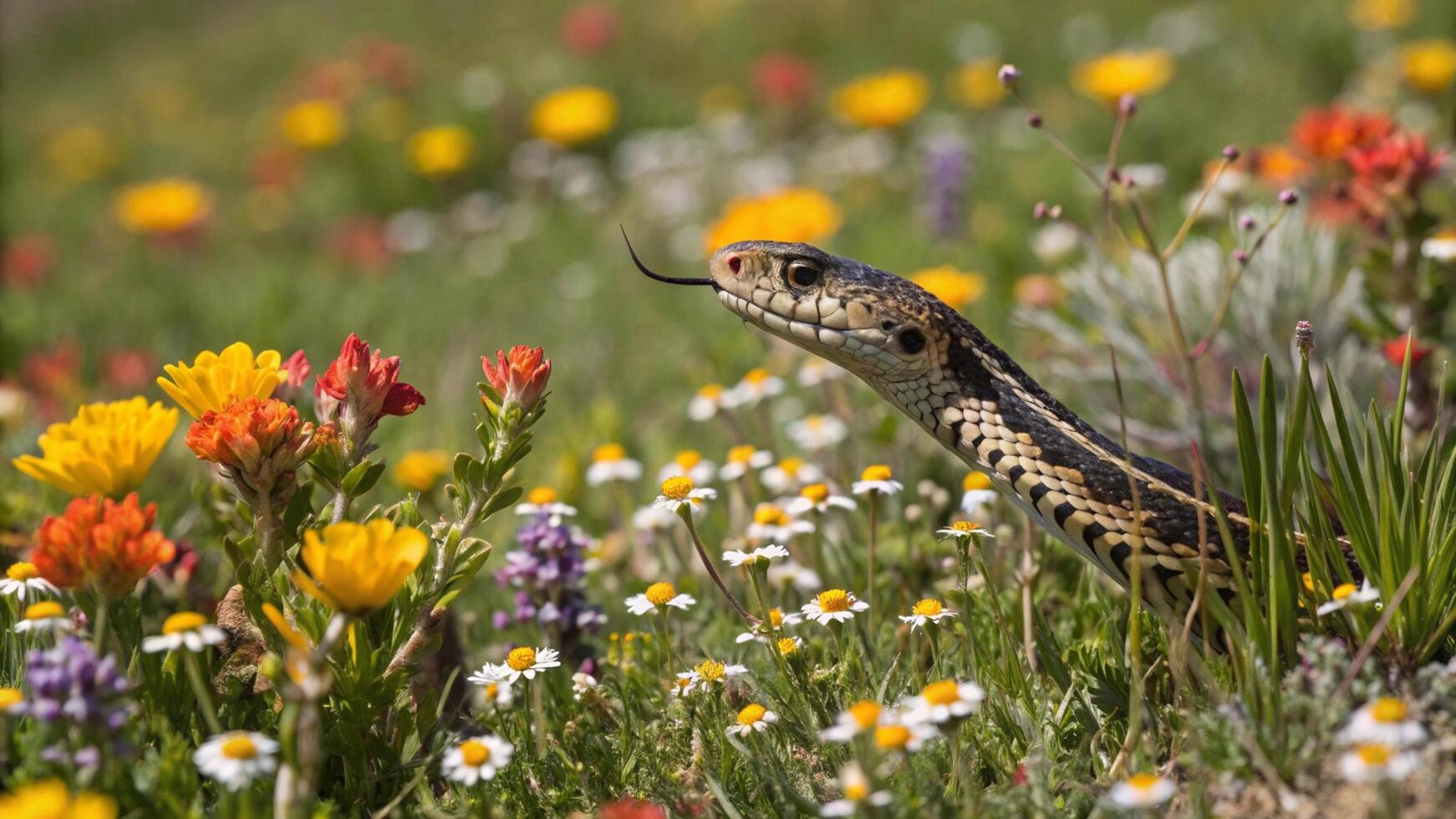 A snake is standing in a field of wildflowers photo