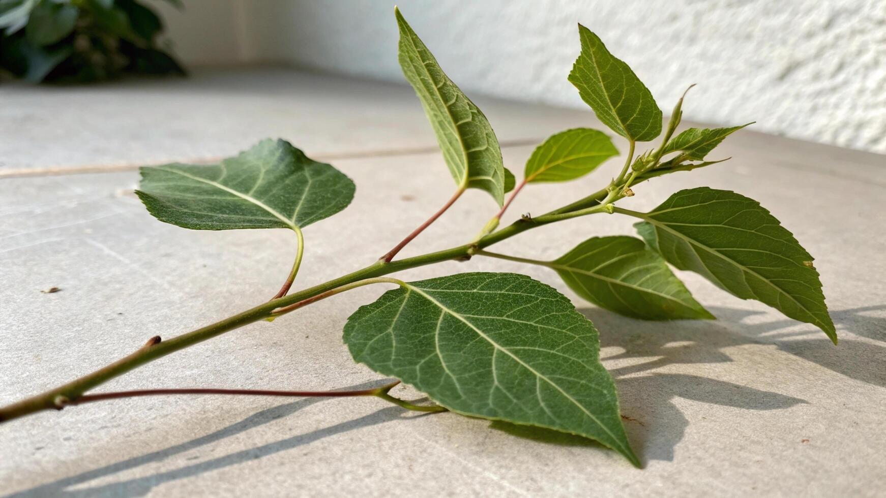 A plant with leaves on it sitting on a concrete floor photo