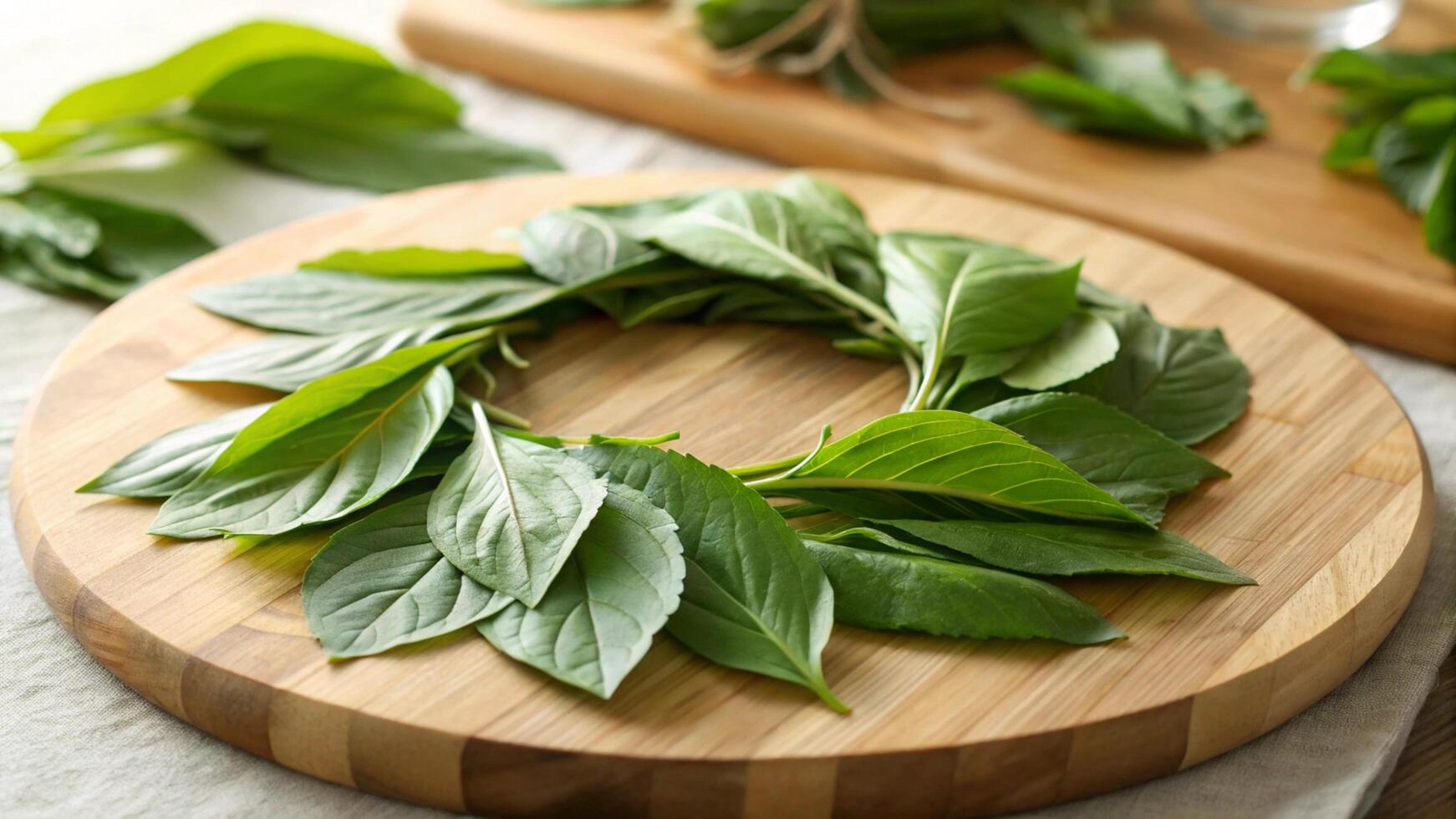 Fresh basil leaves on a wooden cutting board photo