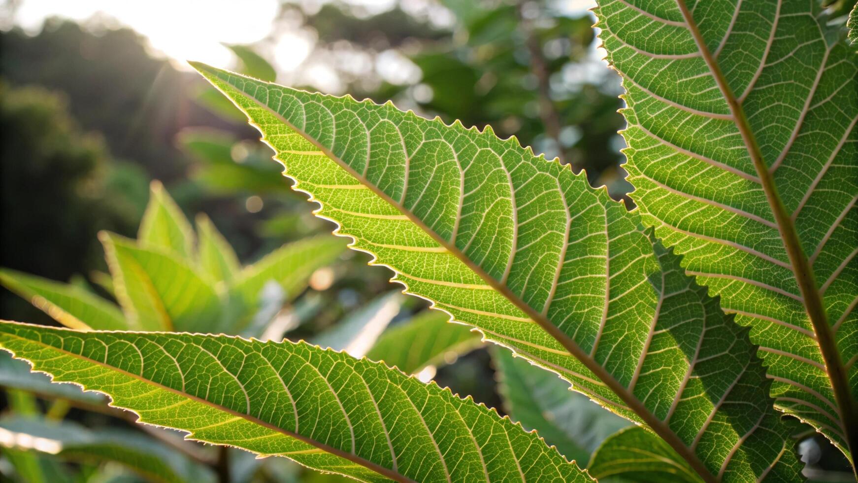 A close up of a leaf with sunlight shining through photo